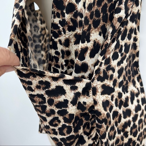 Beacon leopard gathered surplice wrap sleeveless flounce brown cream tank top. - Picture 5 of 9